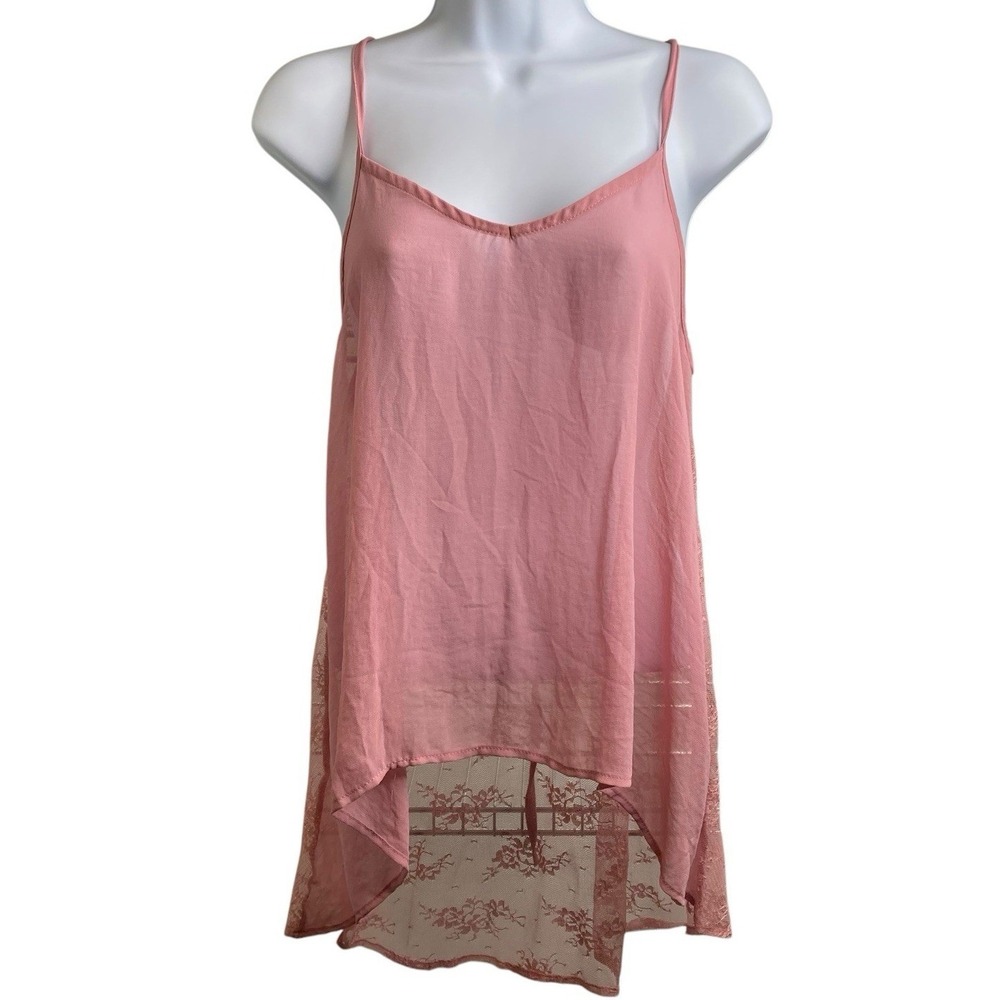 MISOPE Women's Pink Sheer Lace Slip Dress Sz L Asymmetric Hem Coquette Flirty